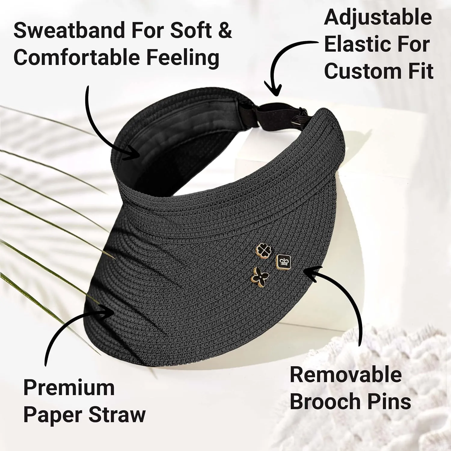 Straw Visor Hat for Women Adjustable Foldable Beach UV Sun Protection Packable Hats, Wide Brim, Allowing A Ponytail or Braid