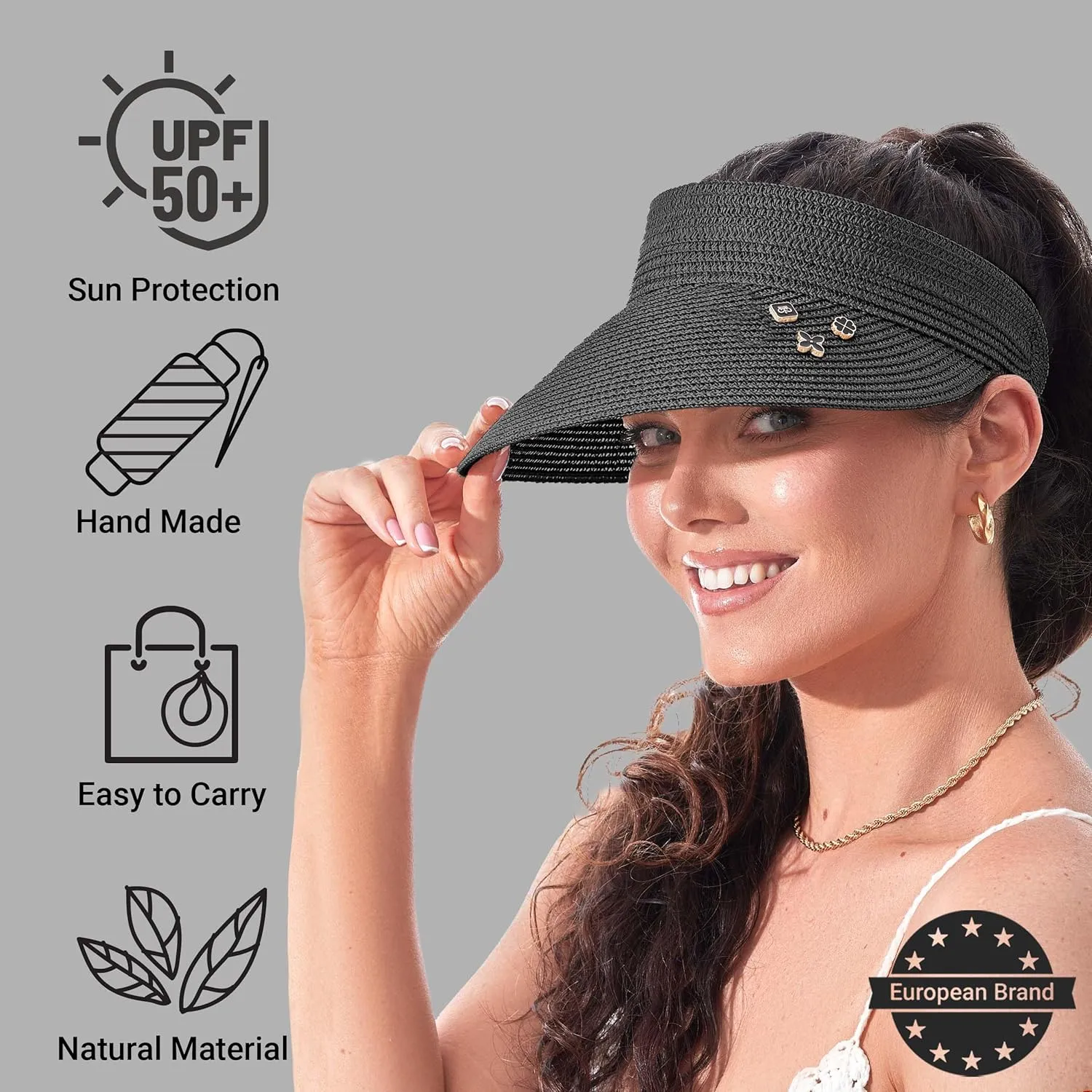Straw Visor Hat for Women Adjustable Foldable Beach UV Sun Protection Packable Hats, Wide Brim, Allowing A Ponytail or Braid