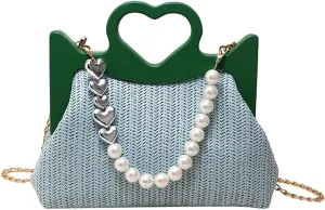 Straw Woven Tote Bag for Women Fashion Love Heart Straw Pearl Handbag Beach Basket Purse for Summer Vacation Travel