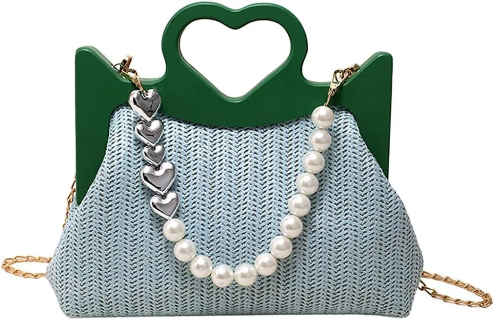 Straw Woven Tote Bag for Women Fashion Love Heart Straw Pearl Handbag Beach Basket Purse for Summer Vacation Travel