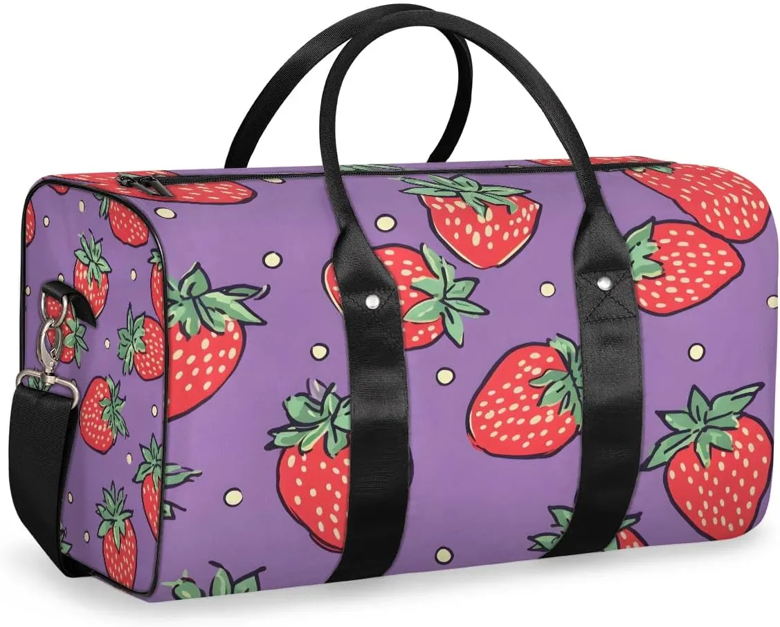 Strawberry Pattern Travel Duffel Bag for Women Men Waterproof Foldable Overnight Weekender Bag Large Capacity Sports Gym Bag