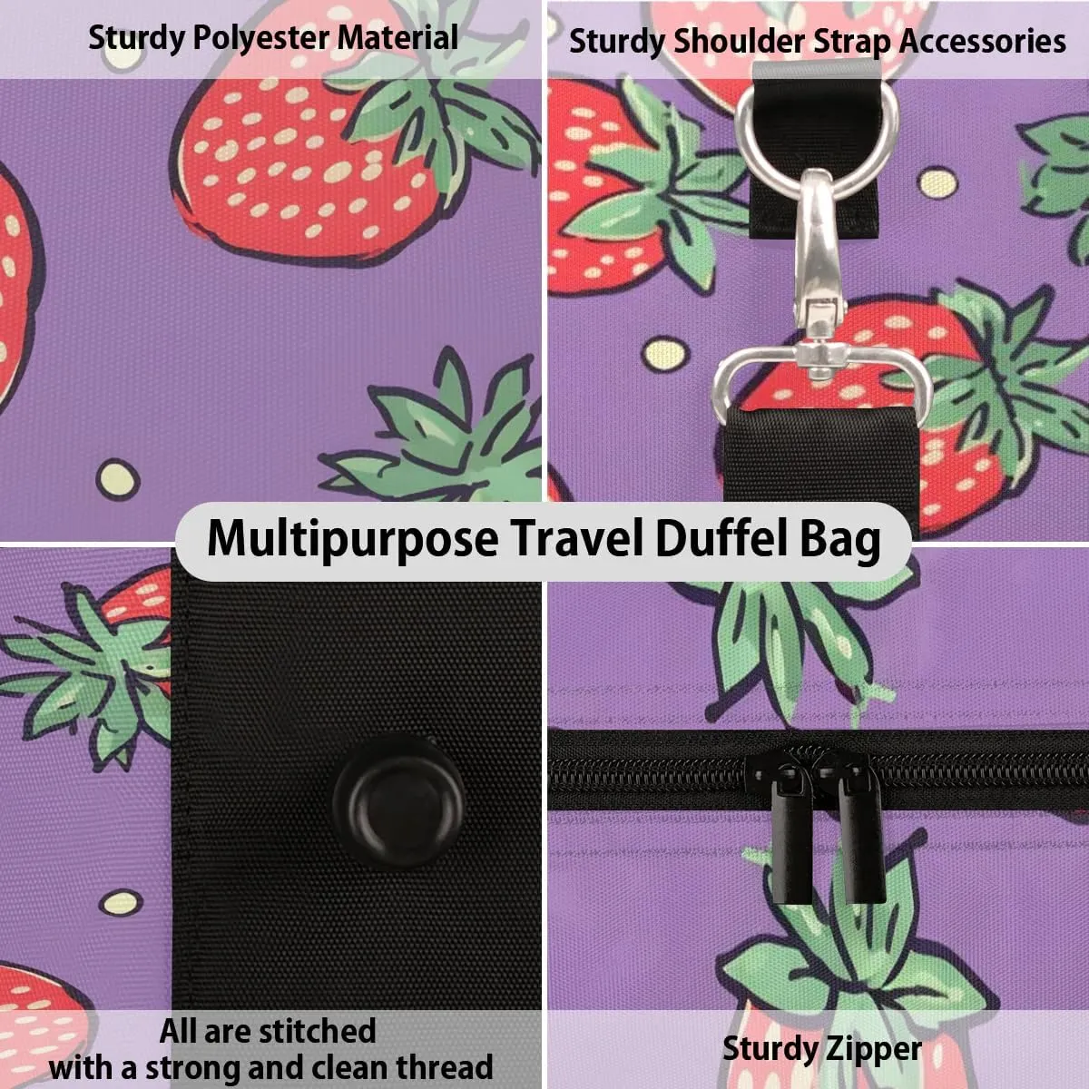 Strawberry Pattern Travel Duffel Bag for Women Men Waterproof Foldable Overnight Weekender Bag Large Capacity Sports Gym Bag