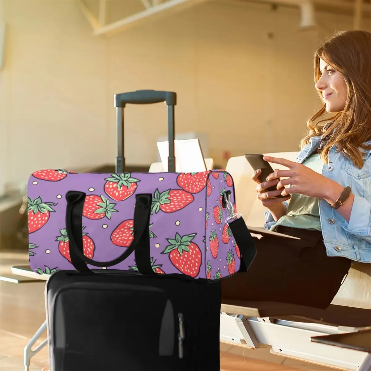 Strawberry Pattern Travel Duffel Bag for Women Men Waterproof Foldable Overnight Weekender Bag Large Capacity Sports Gym Bag