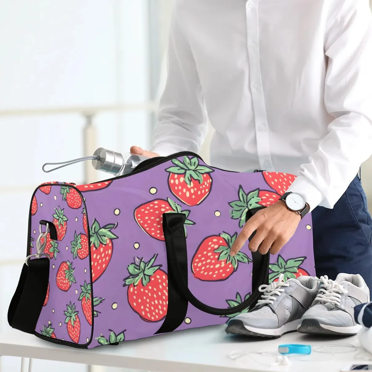 Strawberry Pattern Travel Duffel Bag for Women Men Waterproof Foldable Overnight Weekender Bag Large Capacity Sports Gym Bag