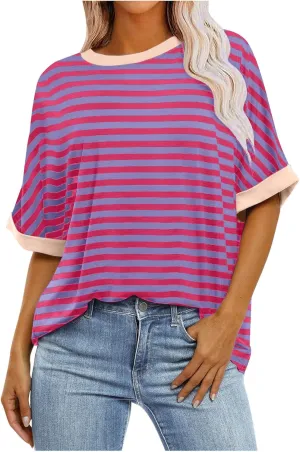 Striped Tops for Women Crewneck Oversized Summer Tops for Women 2024 Casual Loose Fit Basic Tee Shirts