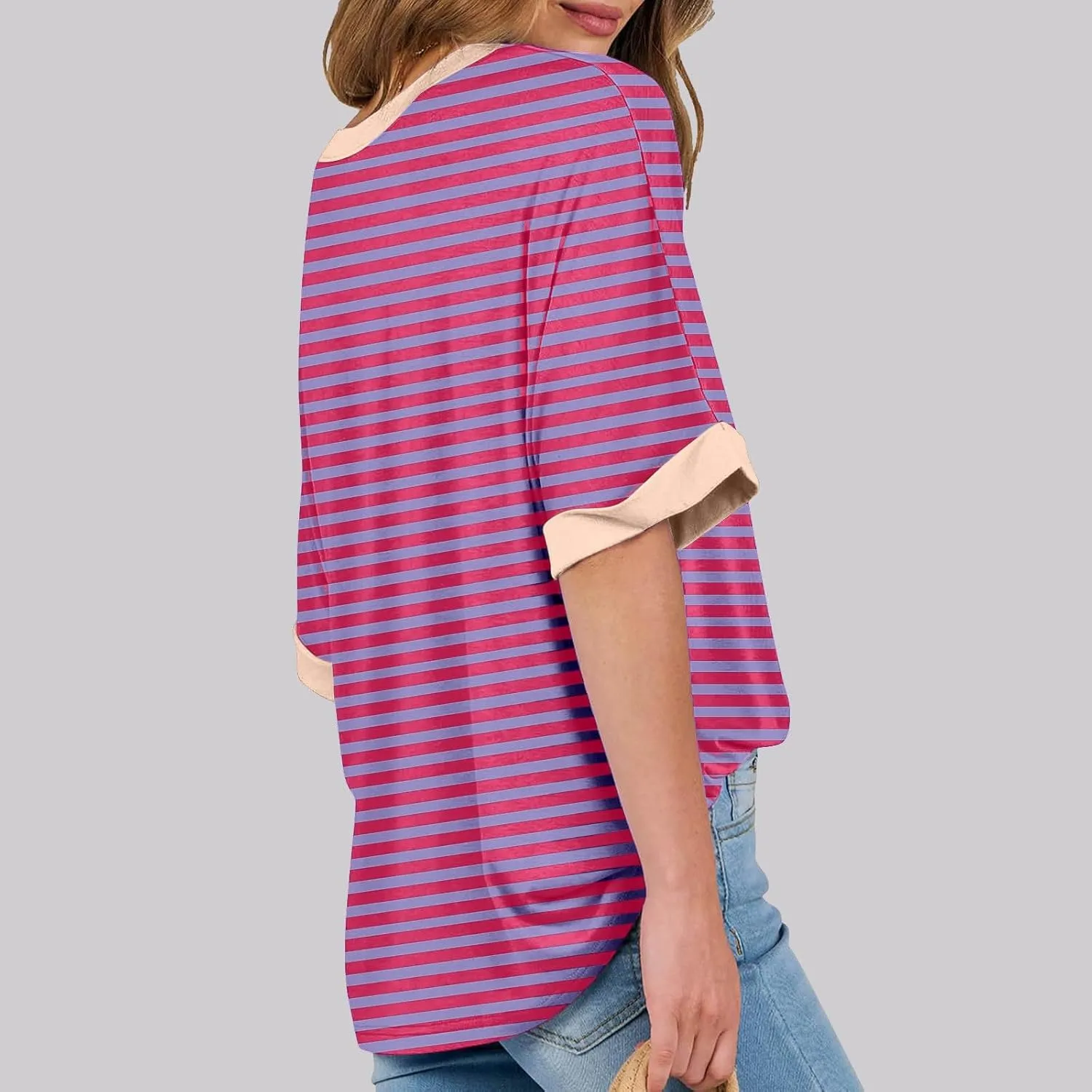 Striped Tops for Women Crewneck Oversized Summer Tops for Women 2024 Casual Loose Fit Basic Tee Shirts