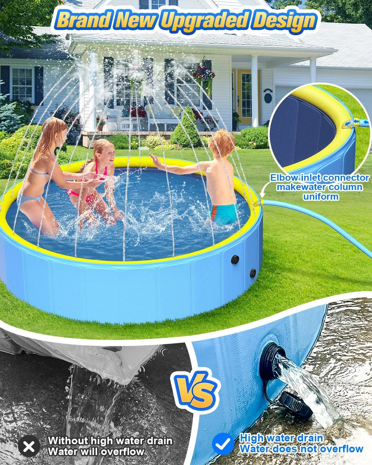 Sturdy 47in Hard Plastic Anti-Slip Dog Pool, 2-in-1 Foldable Portable Kiddie/Kids Pool with Sprinkler, Swimming Puppy Pools for Summer Outdoor Backyard Activities