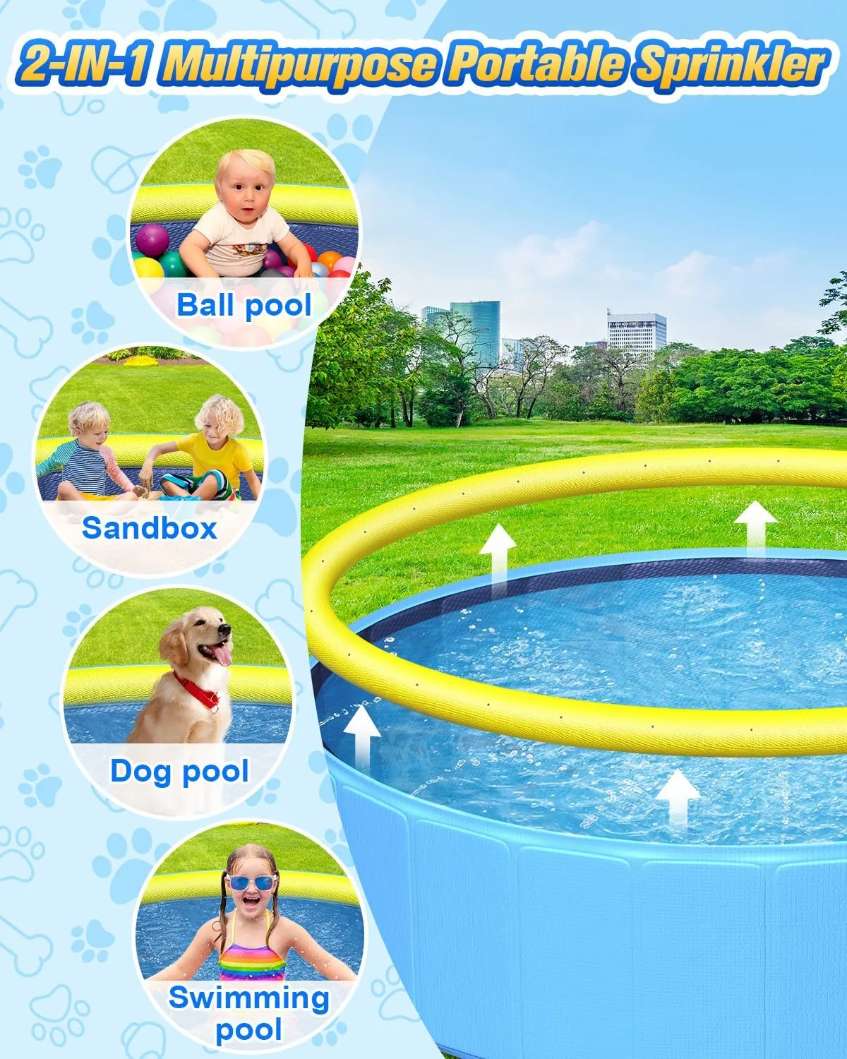 Sturdy 47in Hard Plastic Anti-Slip Dog Pool, 2-in-1 Foldable Portable Kiddie/Kids Pool with Sprinkler, Swimming Puppy Pools for Summer Outdoor Backyard Activities
