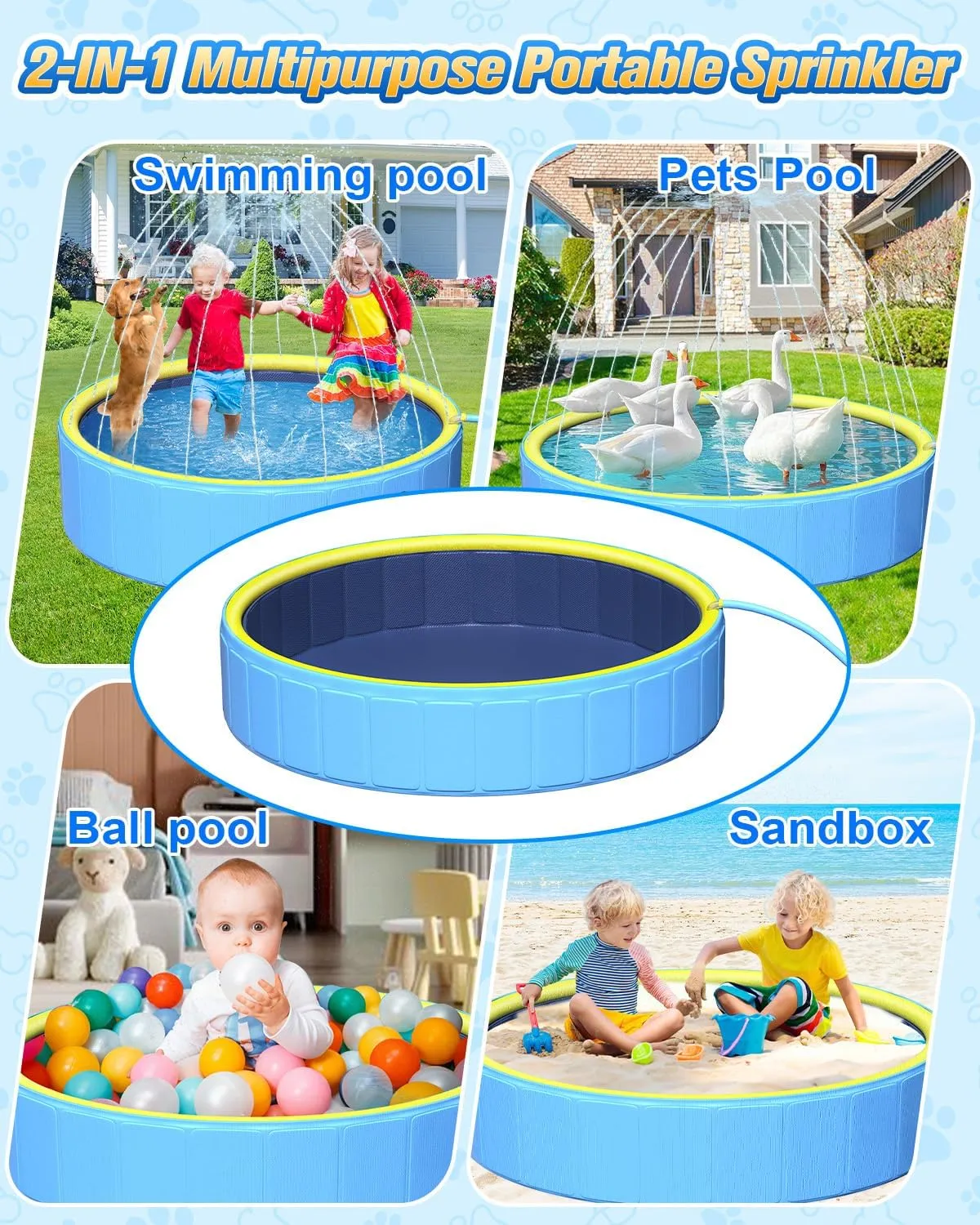 Sturdy 47in Hard Plastic Anti-Slip Dog Pool, 2-in-1 Foldable Portable Kiddie/Kids Pool with Sprinkler, Swimming Puppy Pools for Summer Outdoor Backyard Activities