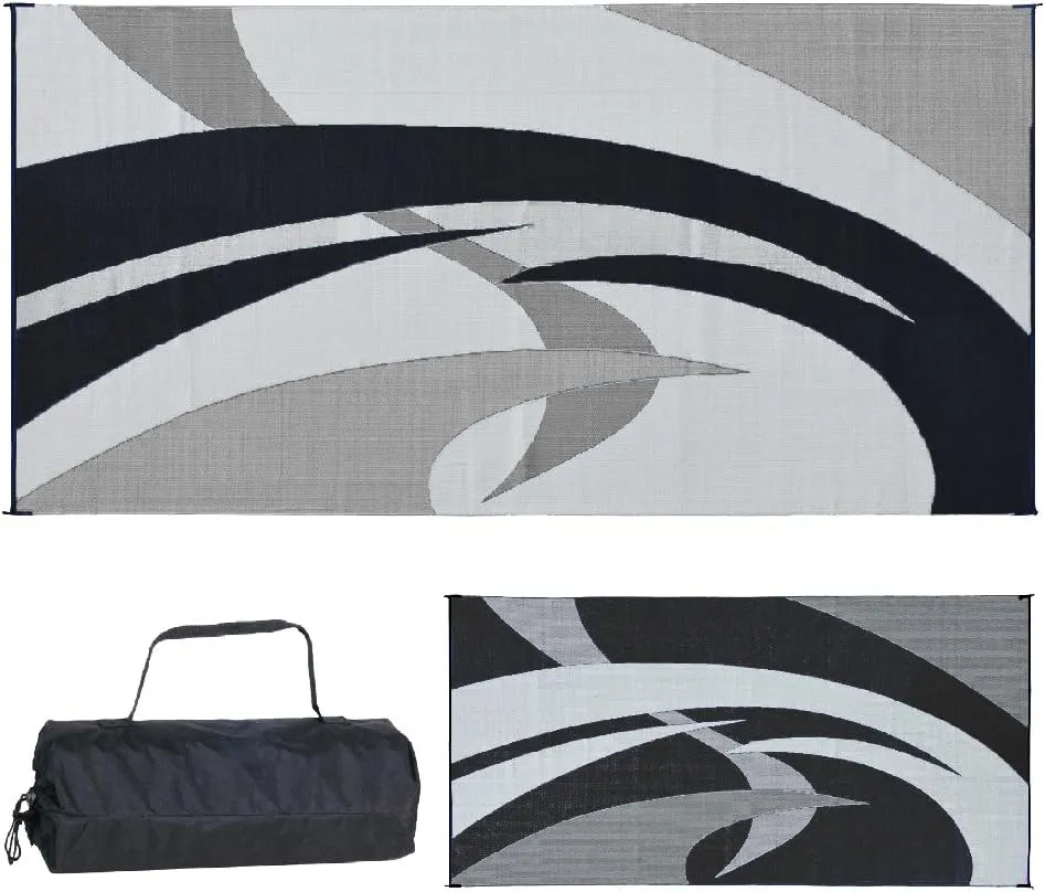 Stylish Camping 159181 9-feet by 18-feet Reversible Mat, Plastic Straw Rug, Large Floor Mat for Outdoors, RV, Patio, Backyard, Picnic, Beach, Polypropylene (PP) , Camping (Black/White)