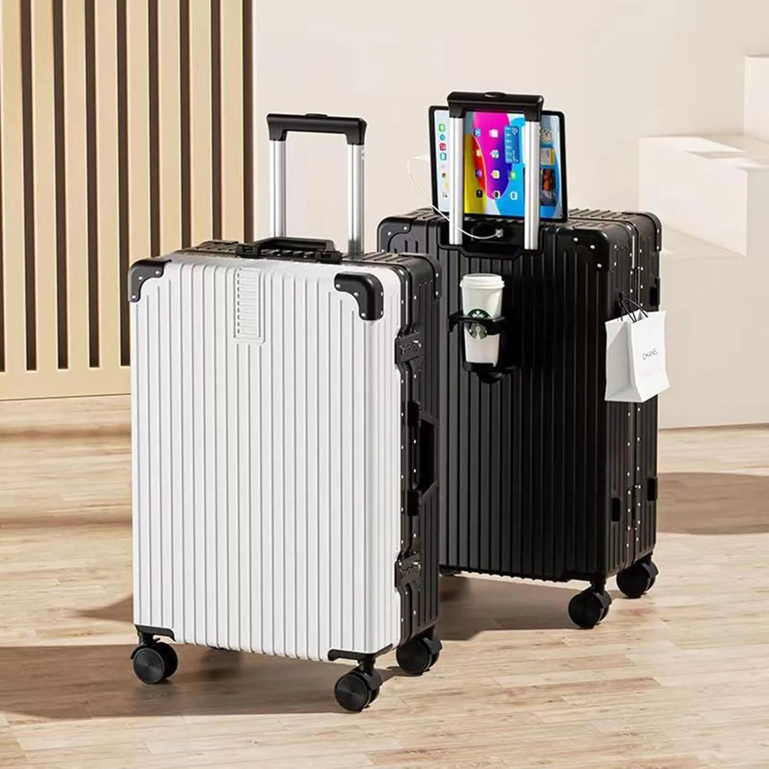 Stylish Textured Line Suitcase, High Volume Swivel Universal Wheel Trolley Case, Resistant To Drops And Pressure, Storage Box (Color : 22, Size : Black White)