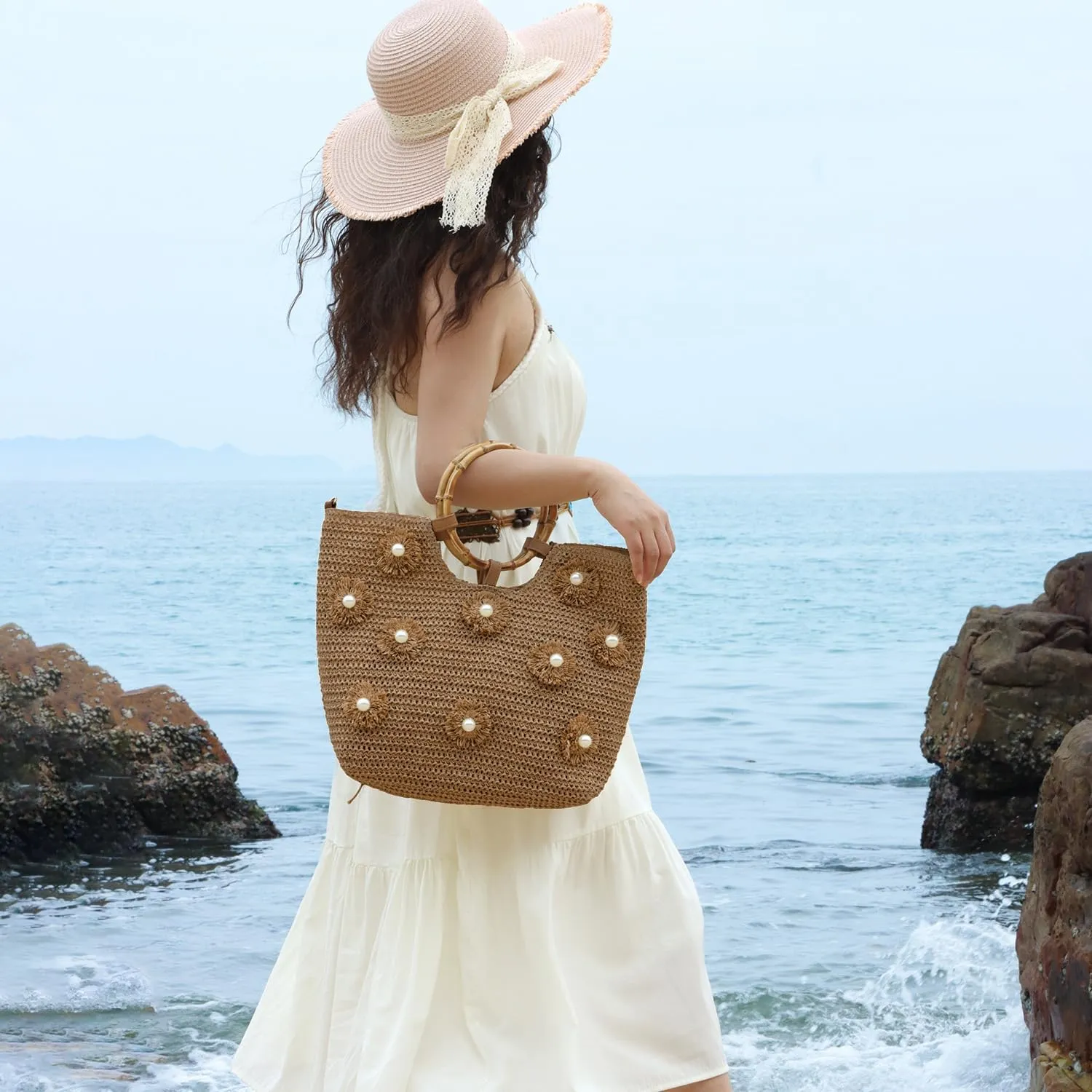 SUKUTU Flower Pearls Straw Tote Bag for Women Summer Beach Woven Top Handle Handbag with Adjustable Strap