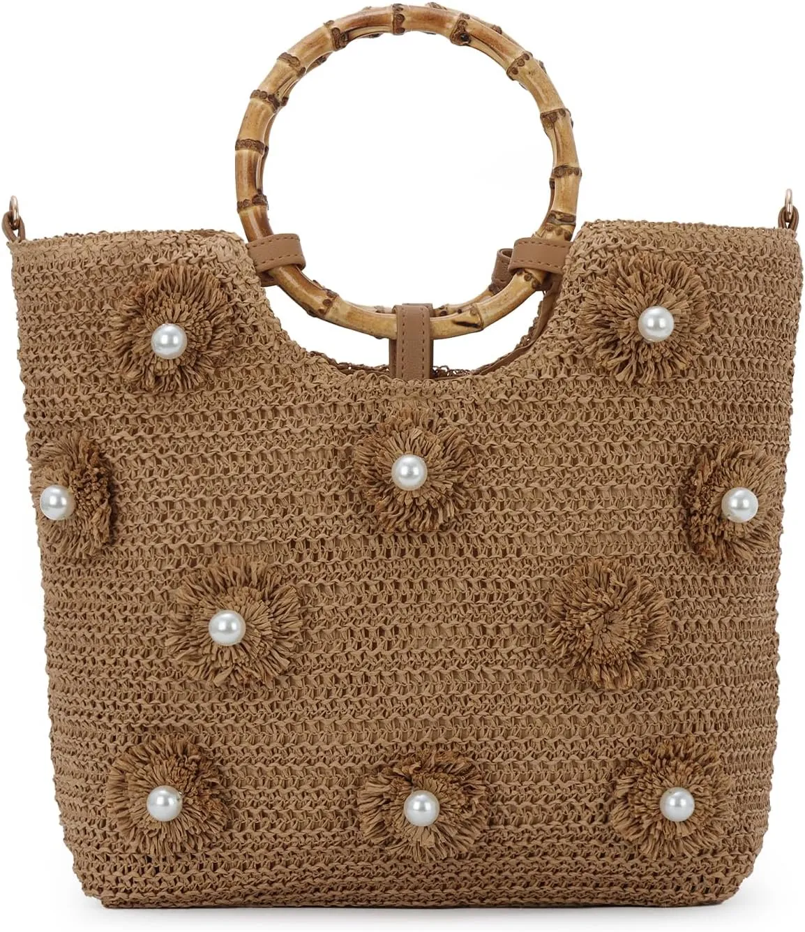 SUKUTU Flower Pearls Straw Tote Bag for Women Summer Beach Woven Top Handle Handbag with Adjustable Strap