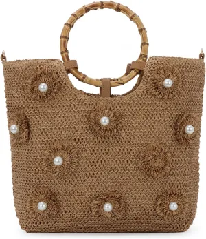 SUKUTU Flower Pearls Straw Tote Bag for Women Summer Beach Woven Top Handle Handbag with Adjustable Strap