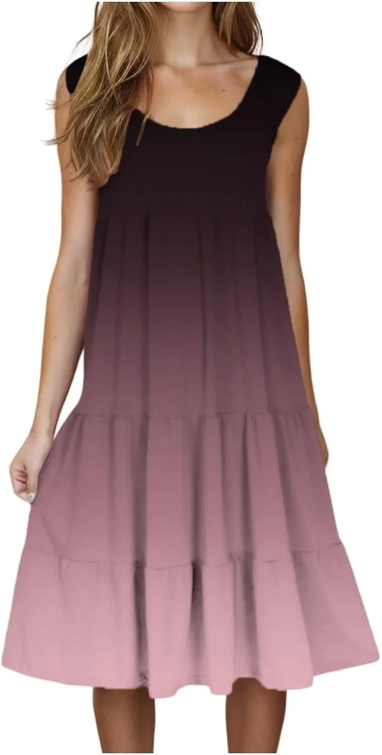 Summer Dresses for Women 2025 Trendy Gradient Boho Vacation Dresses Casual Crew Neck Sleeveless Pleated Sundresses