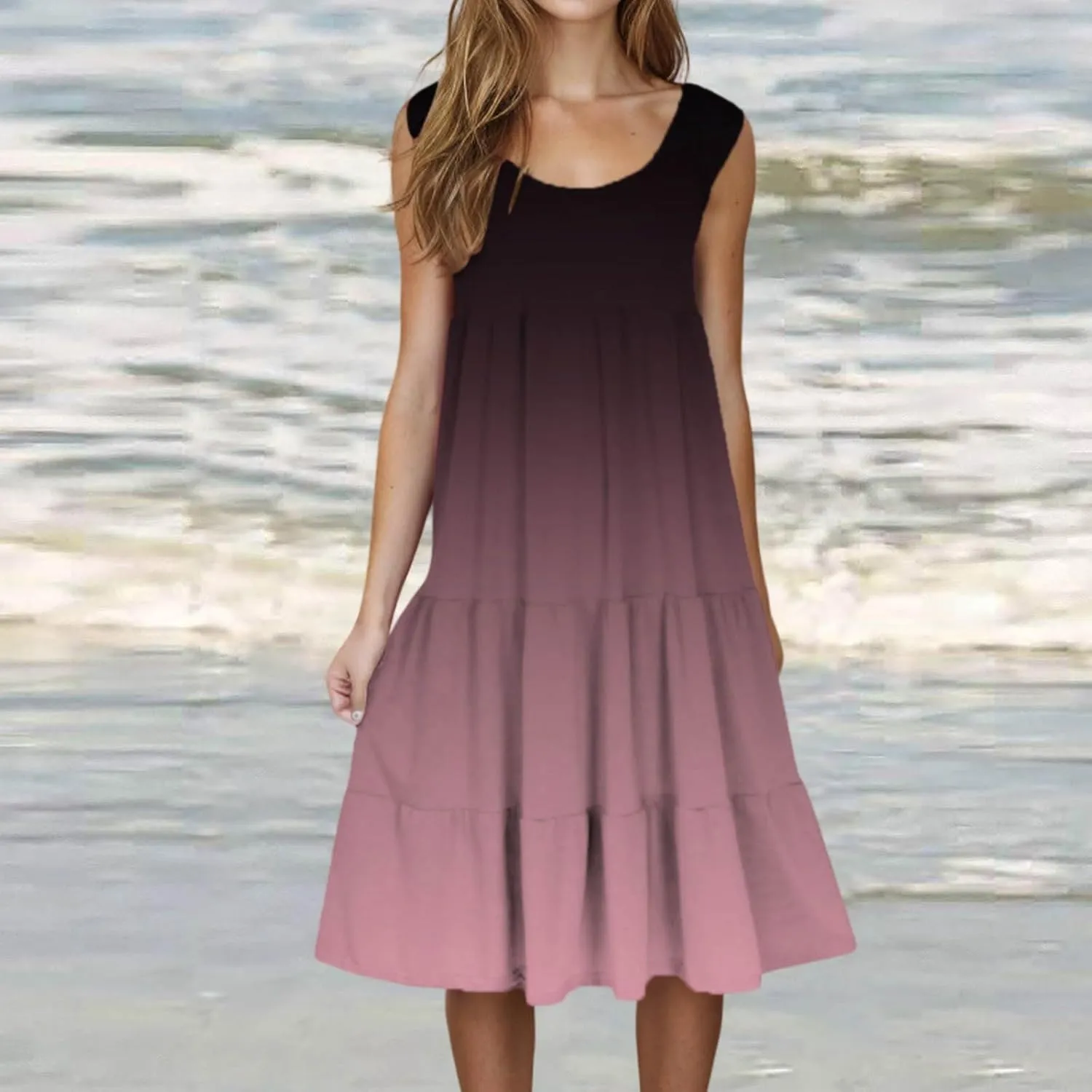 Summer Dresses for Women 2025 Trendy Gradient Boho Vacation Dresses Casual Crew Neck Sleeveless Pleated Sundresses