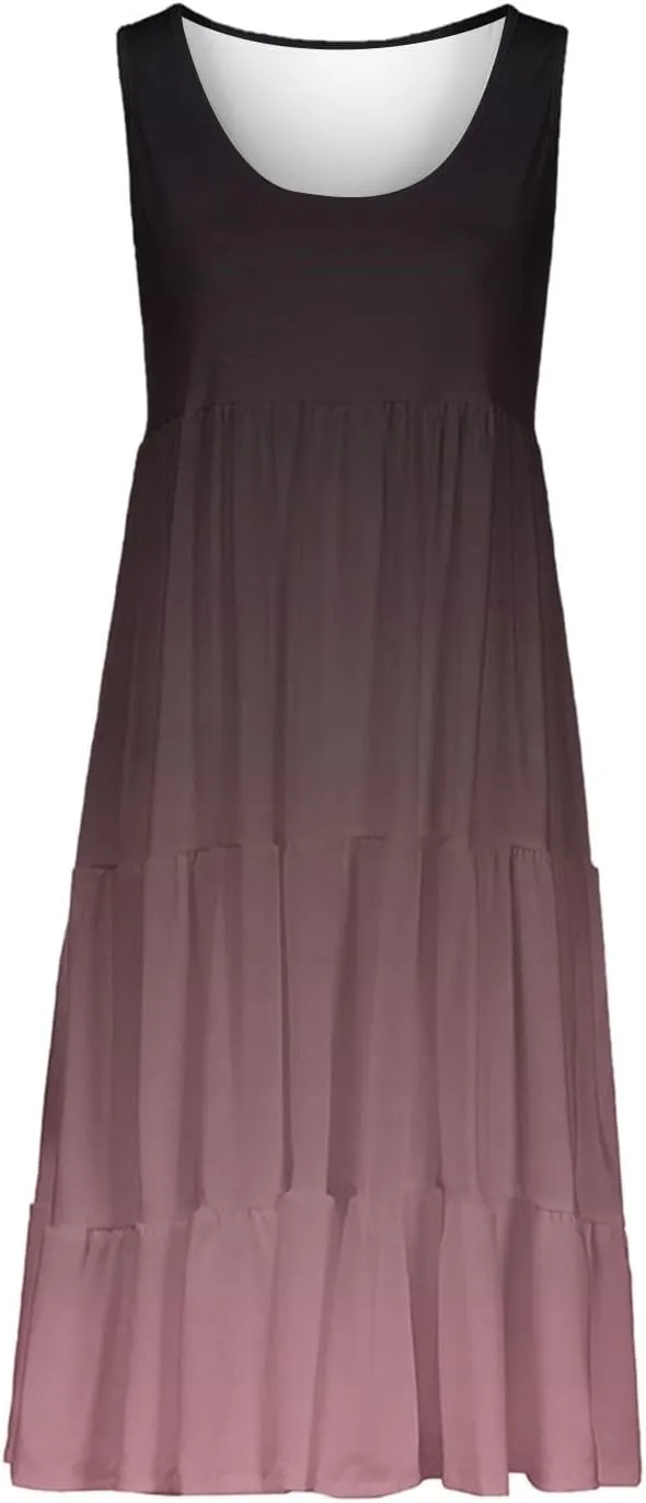 Summer Dresses for Women 2025 Trendy Gradient Boho Vacation Dresses Casual Crew Neck Sleeveless Pleated Sundresses
