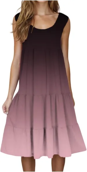 Summer Dresses for Women 2025 Trendy Gradient Boho Vacation Dresses Casual Crew Neck Sleeveless Pleated Sundresses