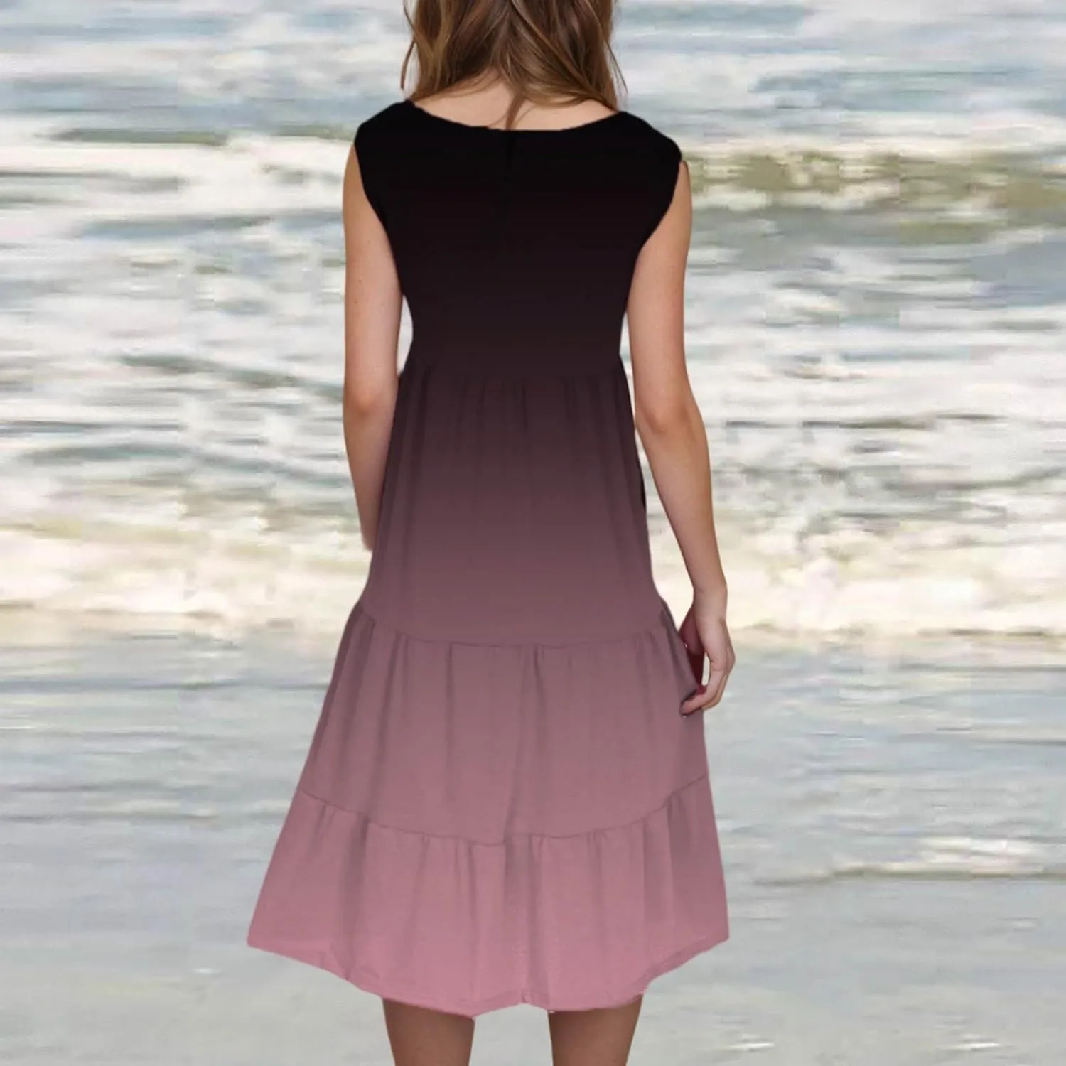 Summer Dresses for Women 2025 Trendy Gradient Boho Vacation Dresses Casual Crew Neck Sleeveless Pleated Sundresses