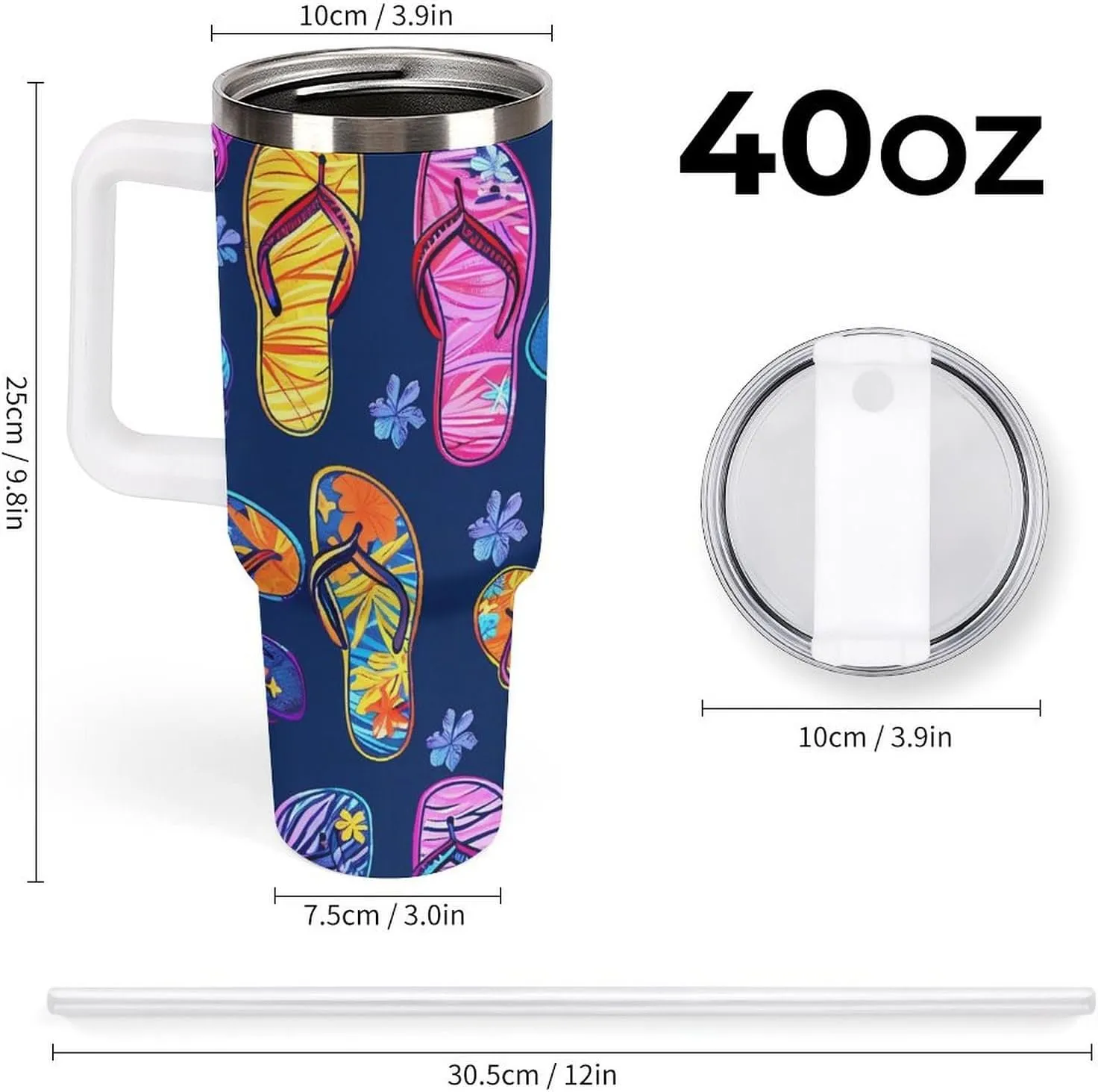 Summer Flip Flops Stainless Steel Tumbler with Handle And Straw 40oz Travel Mug for Women Men Gifts White-style