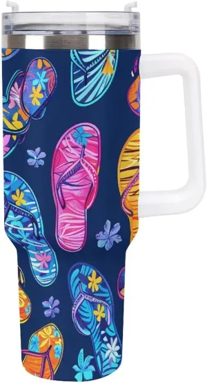 Summer Flip Flops Stainless Steel Tumbler with Handle And Straw 40oz Travel Mug for Women Men Gifts White-style