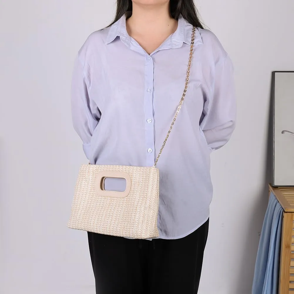 Summer Straw Clutch Purse with Top Handle Shoulder Bag with Removable Chain Evening Handbag for Women Wedding Party