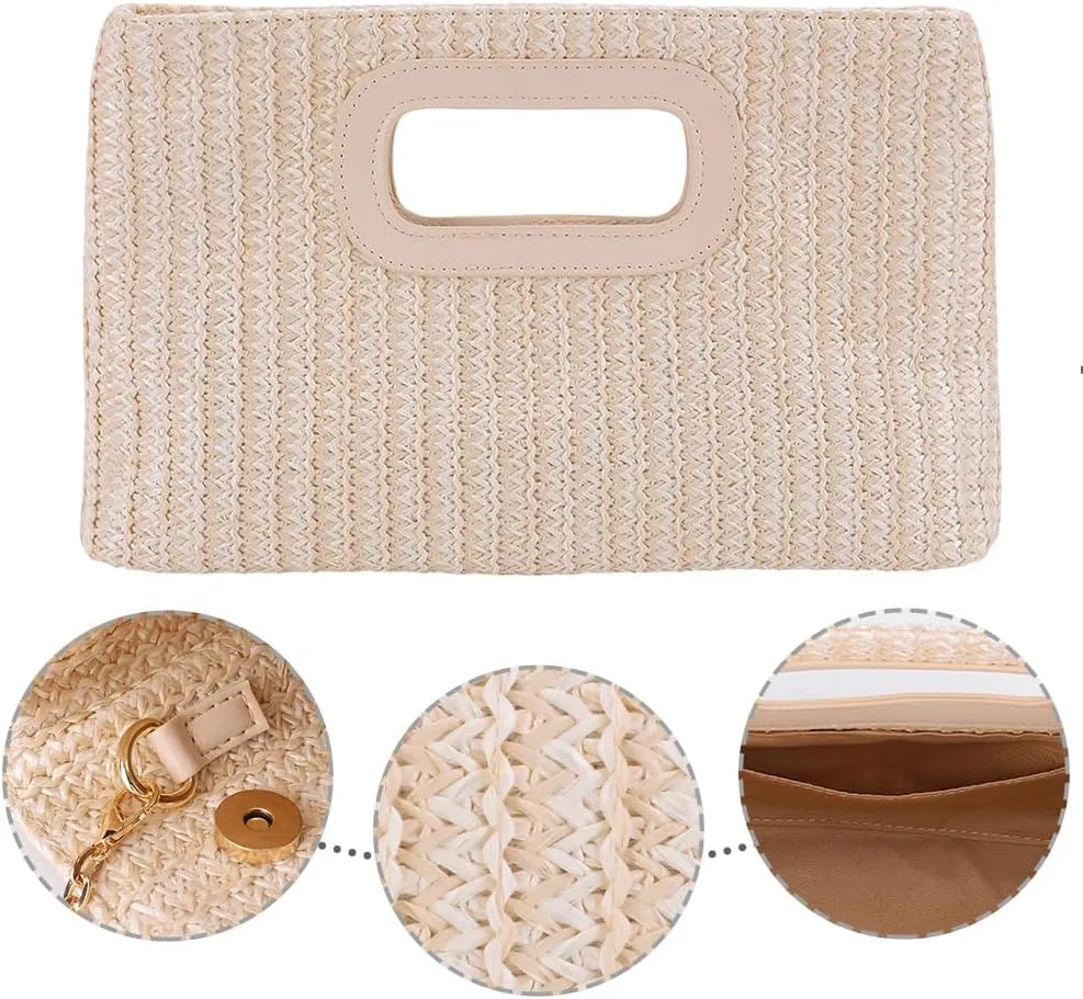 Summer Straw Clutch Purse with Top Handle Shoulder Bag with Removable Chain Evening Handbag for Women Wedding Party