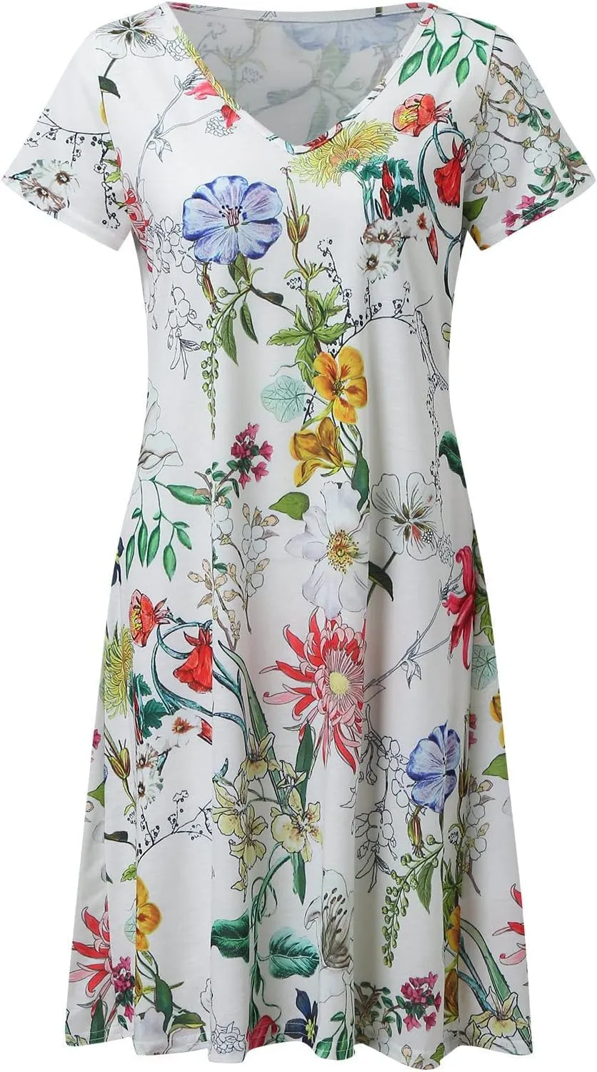 Sun Dresses for Women 2025 Vacation Vintage Printed Beach Midi Dresses Casual Deep V Neck Short Sleeve Maxi Dress