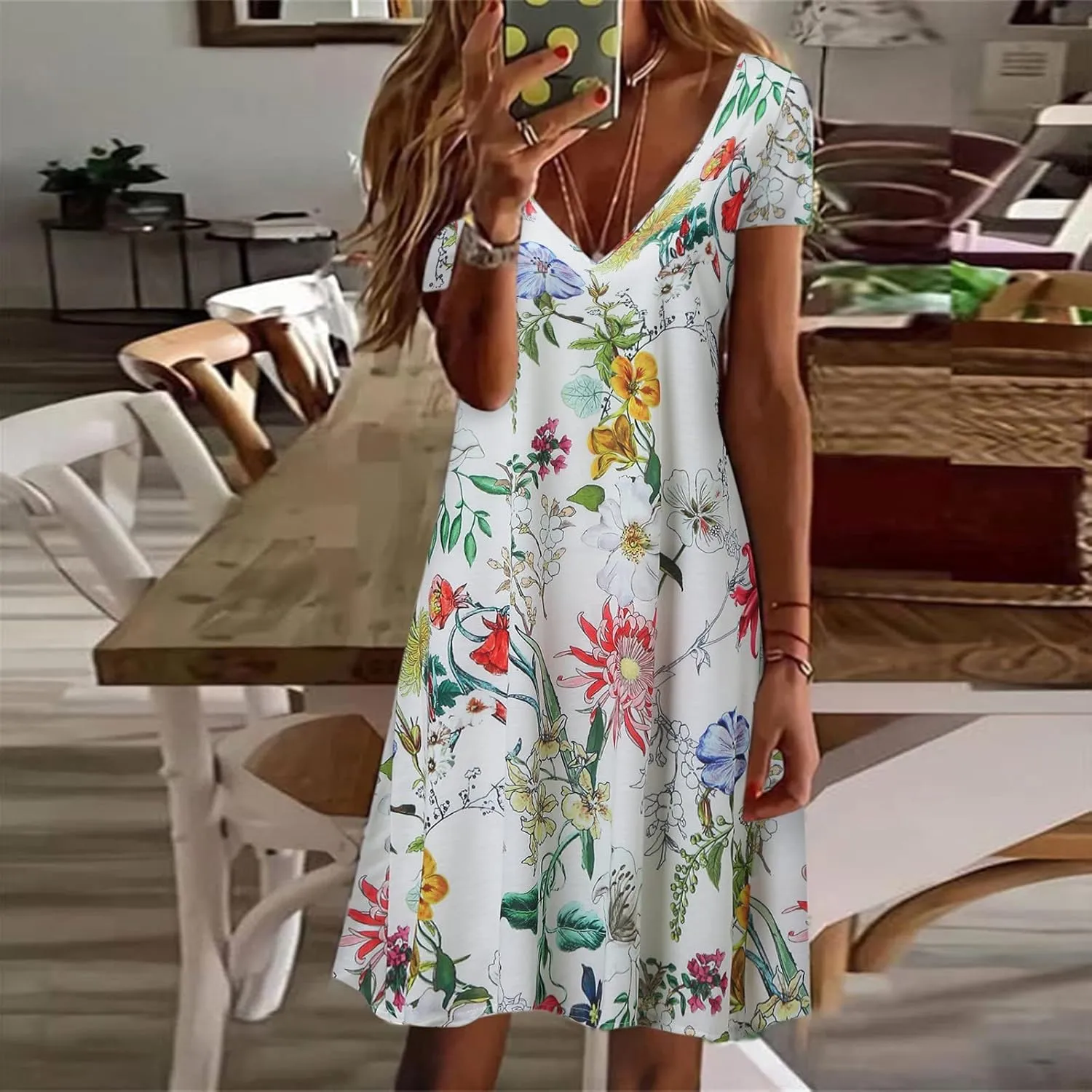 Sun Dresses for Women 2025 Vacation Vintage Printed Beach Midi Dresses Casual Deep V Neck Short Sleeve Maxi Dress