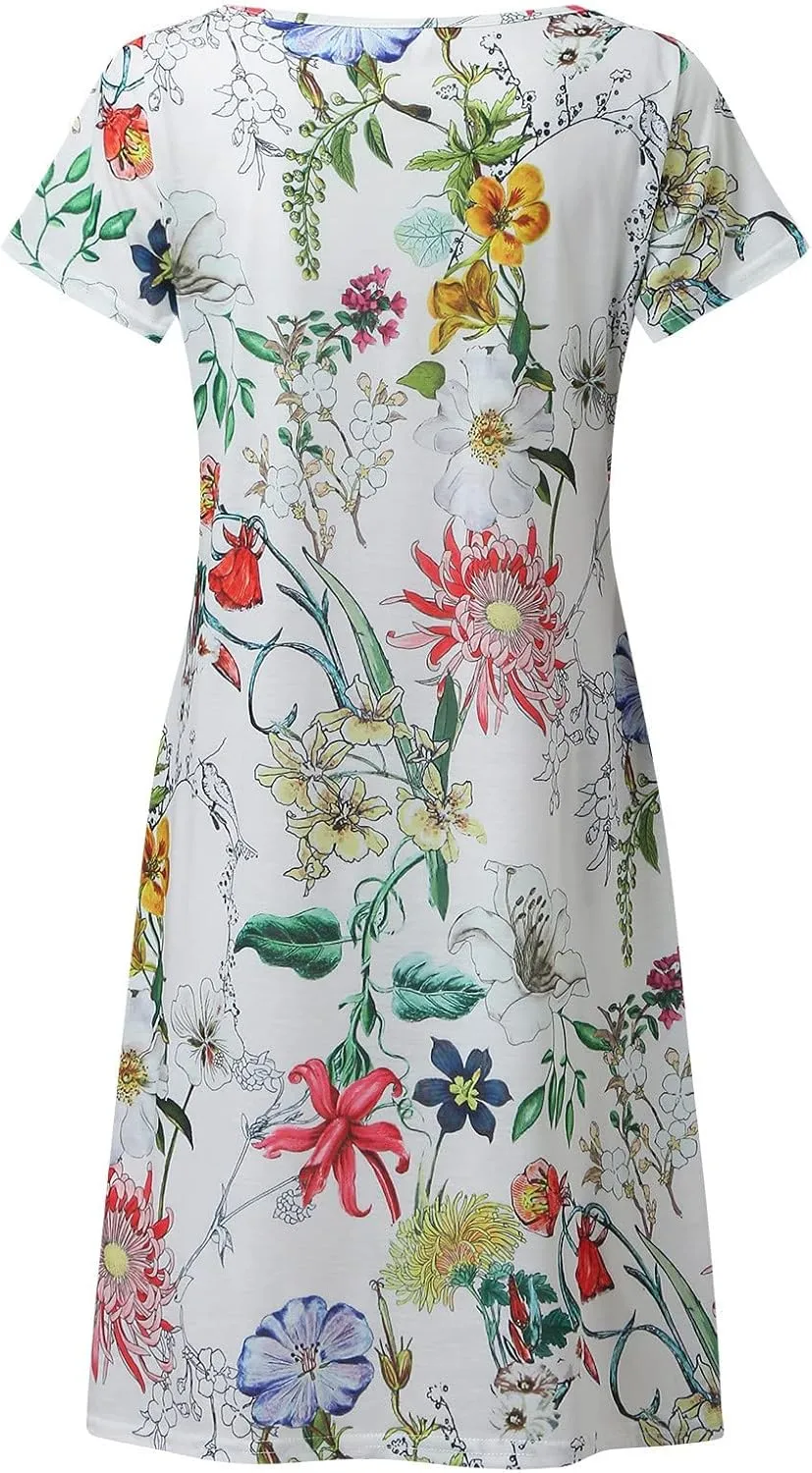 Sun Dresses for Women 2025 Vacation Vintage Printed Beach Midi Dresses Casual Deep V Neck Short Sleeve Maxi Dress