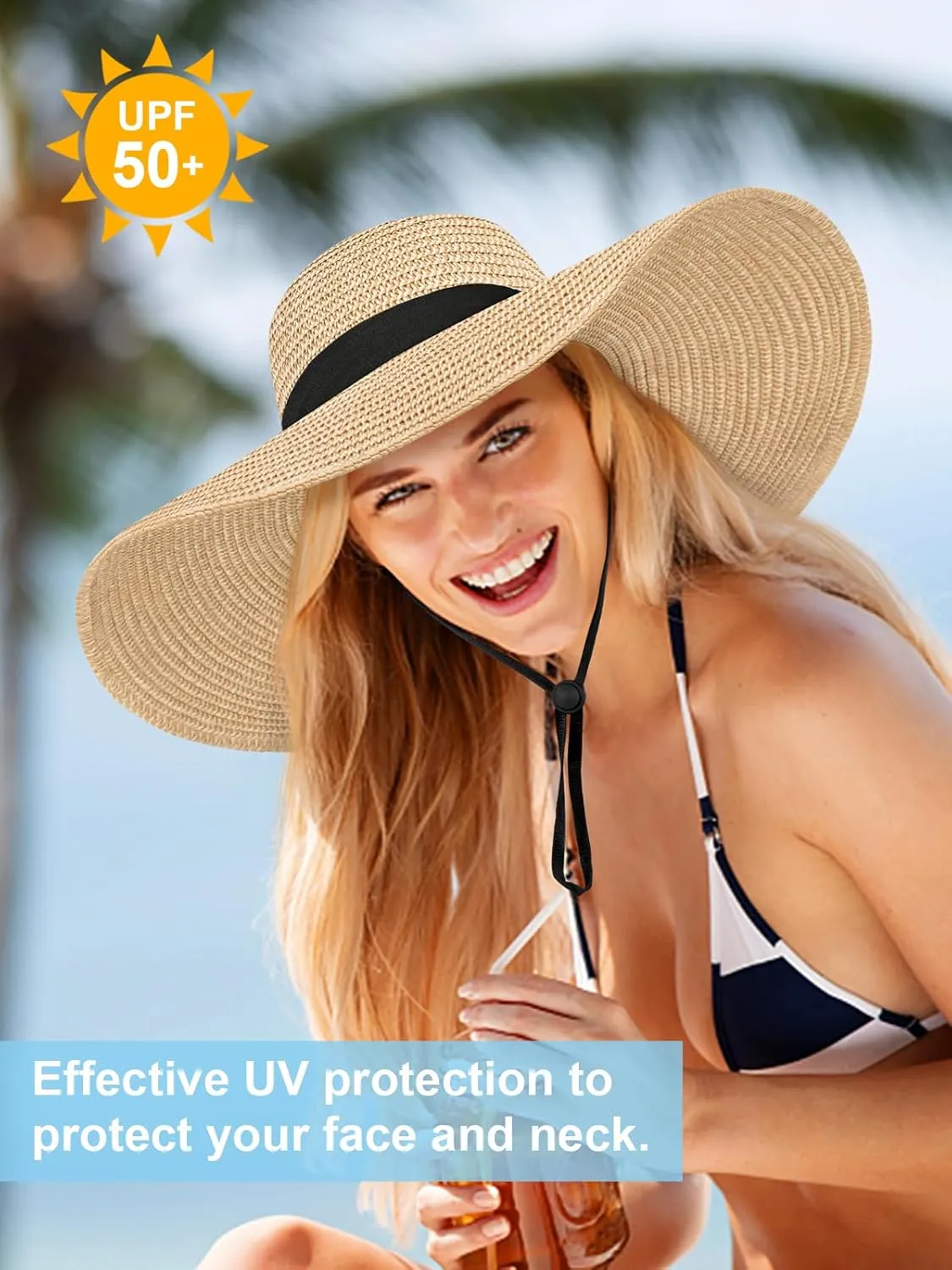 Sun Hats for Women Oversize Wide Brim Straw Beach Hat UV Protection Floppy Foldable Roll-Up Travel Summer Vacation UPF 50 