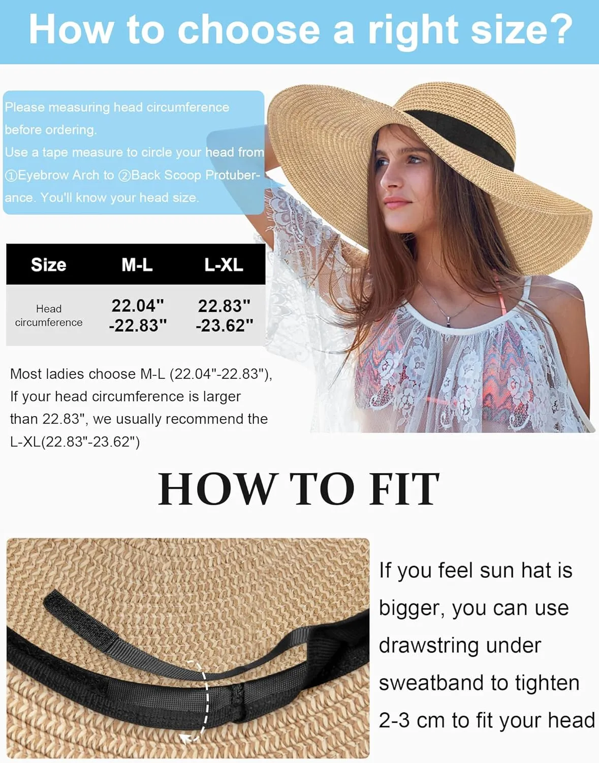 Sun Hats for Women Oversize Wide Brim Straw Beach Hat UV Protection Floppy Foldable Roll-Up Travel Summer Vacation UPF 50 