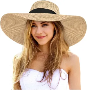 Sun Hats for Women Oversize Wide Brim Straw Beach Hat UV Protection Floppy Foldable Roll-Up Travel Summer Vacation UPF 50 