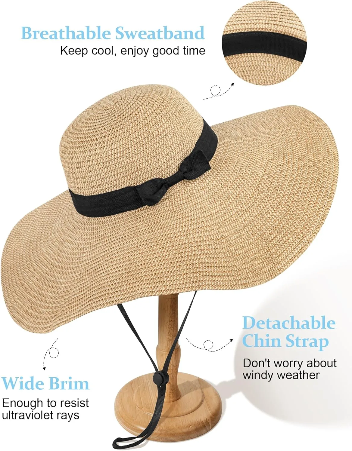 Sun Hats for Women Oversize Wide Brim Straw Beach Hat UV Protection Floppy Foldable Roll-Up Travel Summer Vacation UPF 50 