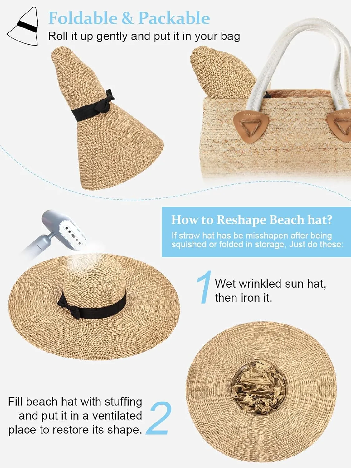 Sun Hats for Women Oversize Wide Brim Straw Beach Hat UV Protection Floppy Foldable Roll-Up Travel Summer Vacation UPF 50 