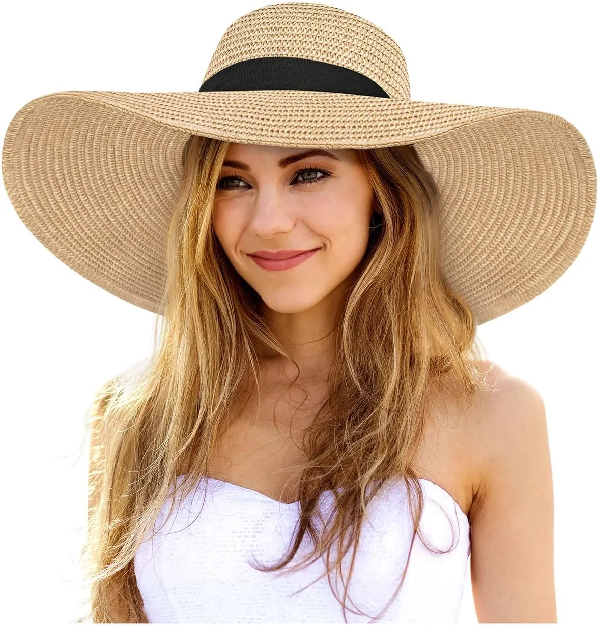 Sun Hats for Women Oversize Wide Brim Straw Beach Hat UV Protection Floppy Foldable Roll-Up Travel Summer Vacation UPF 50 