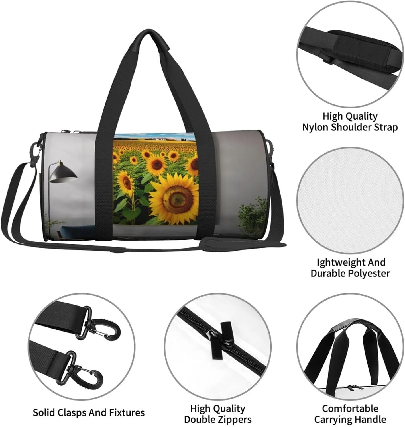 Sunflower Artwork Printed Travel Bag,Round Personal Item Storage bag,Foldie Duffel Bag for Traveling Vacation,Fitness,Sports
