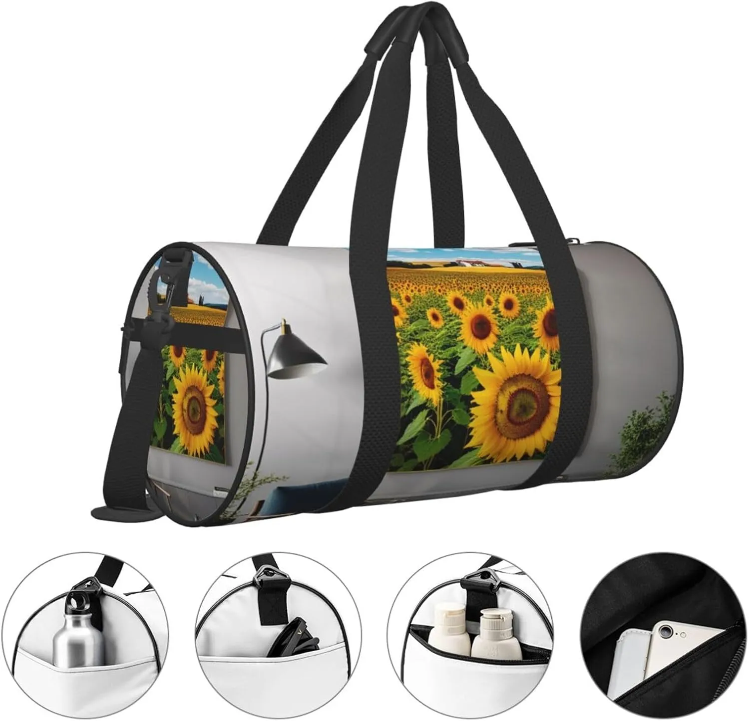 Sunflower Artwork Printed Travel Bag,Round Personal Item Storage bag,Foldie Duffel Bag for Traveling Vacation,Fitness,Sports
