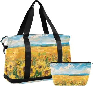 Sunflower Field under Bright Sunlight Large Travel Bag Carry on Weekender Overnight Bag with Adjustable Strap for Business Trips Large Capacity