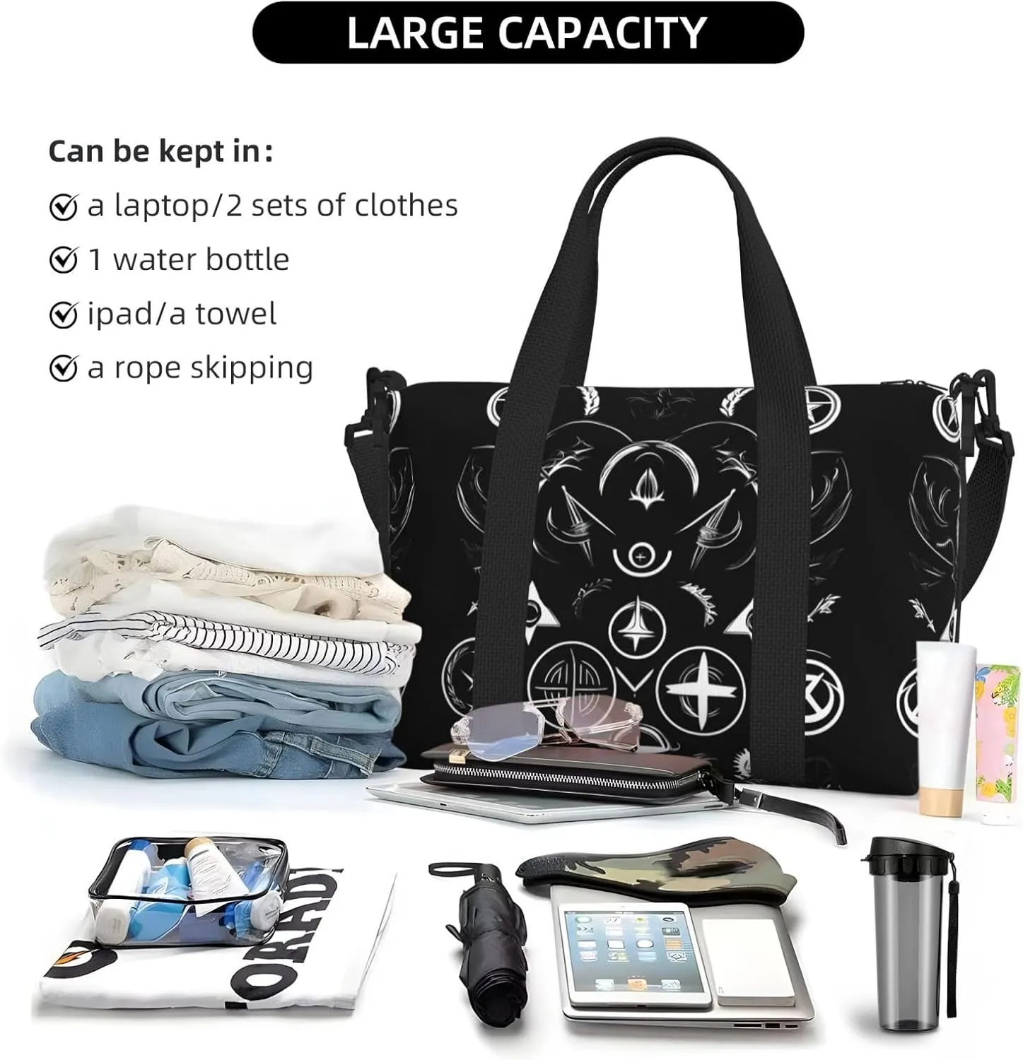 Supernatural Symbols Black Women Travel Duffel Bag, Large Weekender Carry-On Tote, Gym Workout Bag,Mommy Hospital Bag