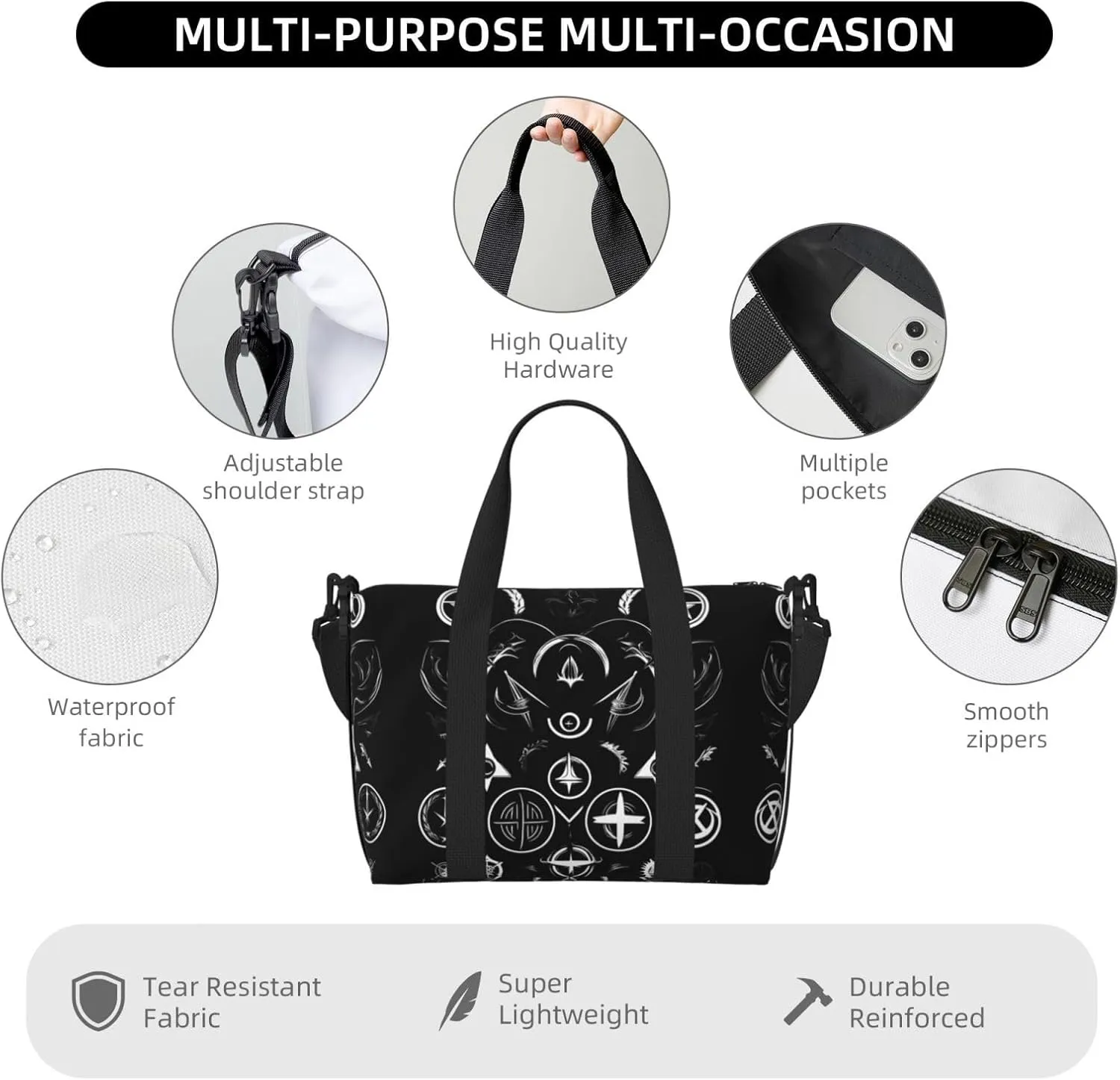 Supernatural Symbols Black Women Travel Duffel Bag, Large Weekender Carry-On Tote, Gym Workout Bag,Mommy Hospital Bag
