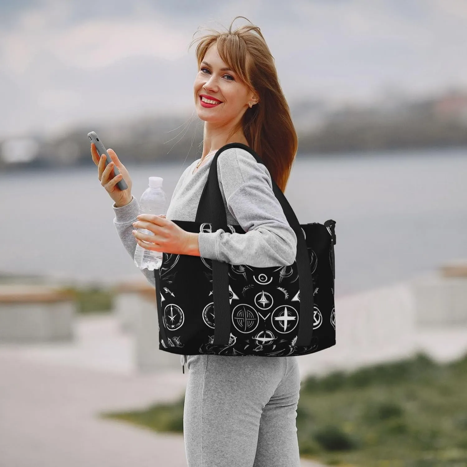Supernatural Symbols Black Women Travel Duffel Bag, Large Weekender Carry-On Tote, Gym Workout Bag,Mommy Hospital Bag