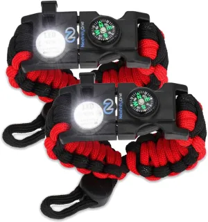 Survival Paracord Bracelet - Tactical Emergency Gear Kit with SOS LED Light, 550 Grade, Adjustable, Multitools, Fire Starter, Compass, and Whistle - Set of 2