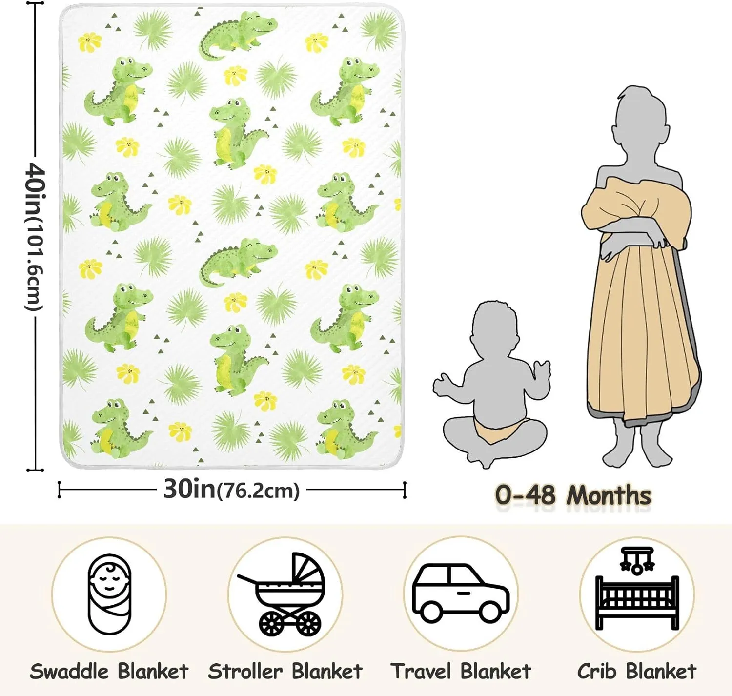 Swaddle Blanket Crocodiles Alligators Palm Leaves Cotton Blanket for Infants Receiving Blanket Lightweight Soft Swaddling Blanket for Crib, Stroller, Nursery Blankets, 30x40In