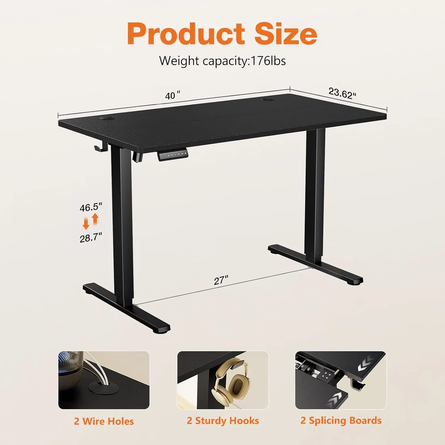 Sweetcrispy Electric Adjustable Height Standing Desk - 40 x 24 inch Sit to Stand Up Desk with Splice Board, Rising Home Office Computer Table with 2 Hook and Wire Hole for Work
