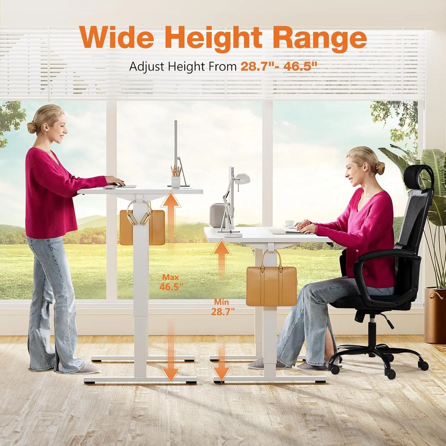 Sweetcrispy Standing Adjustable Height Desk, Electric 40 x 24 Inch Sit to Stand Up Rising Computer Gaming Table with 3 Memory Presets, Splice Board, T-Shaped Bracket Home Office Workstation - White