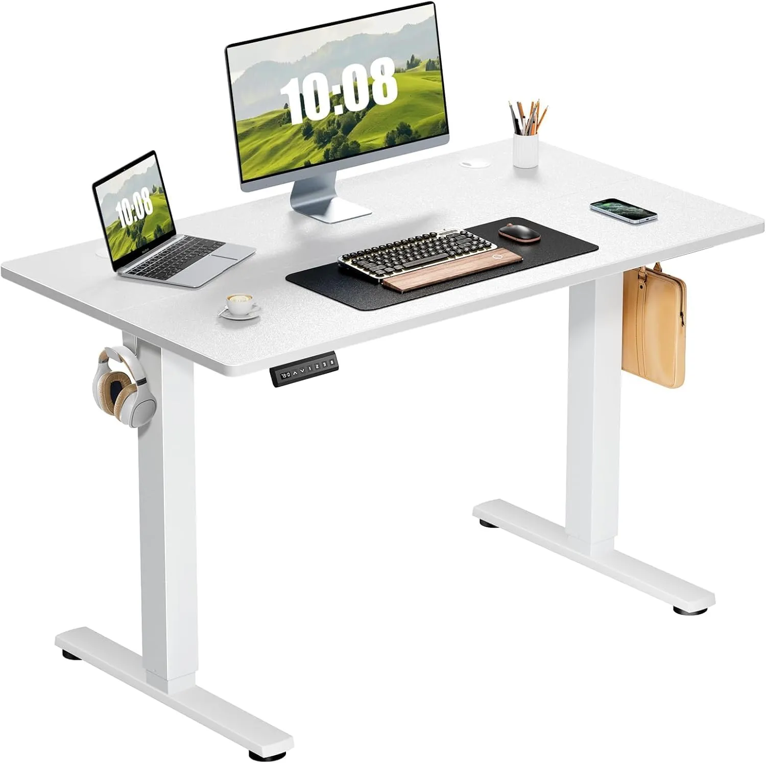 Sweetcrispy Standing Adjustable Height Desk, Electric 40 x 24 Inch Sit to Stand Up Rising Computer Gaming Table with 3 Memory Presets, Splice Board, T-Shaped Bracket Home Office Workstation - White