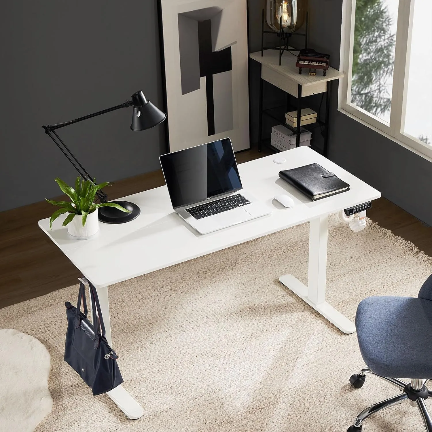 Sweetcrispy Standing Adjustable Height Desk, Electric 40 x 24 Inch Sit to Stand Up Rising Computer Gaming Table with 3 Memory Presets, Splice Board, T-Shaped Bracket Home Office Workstation - White