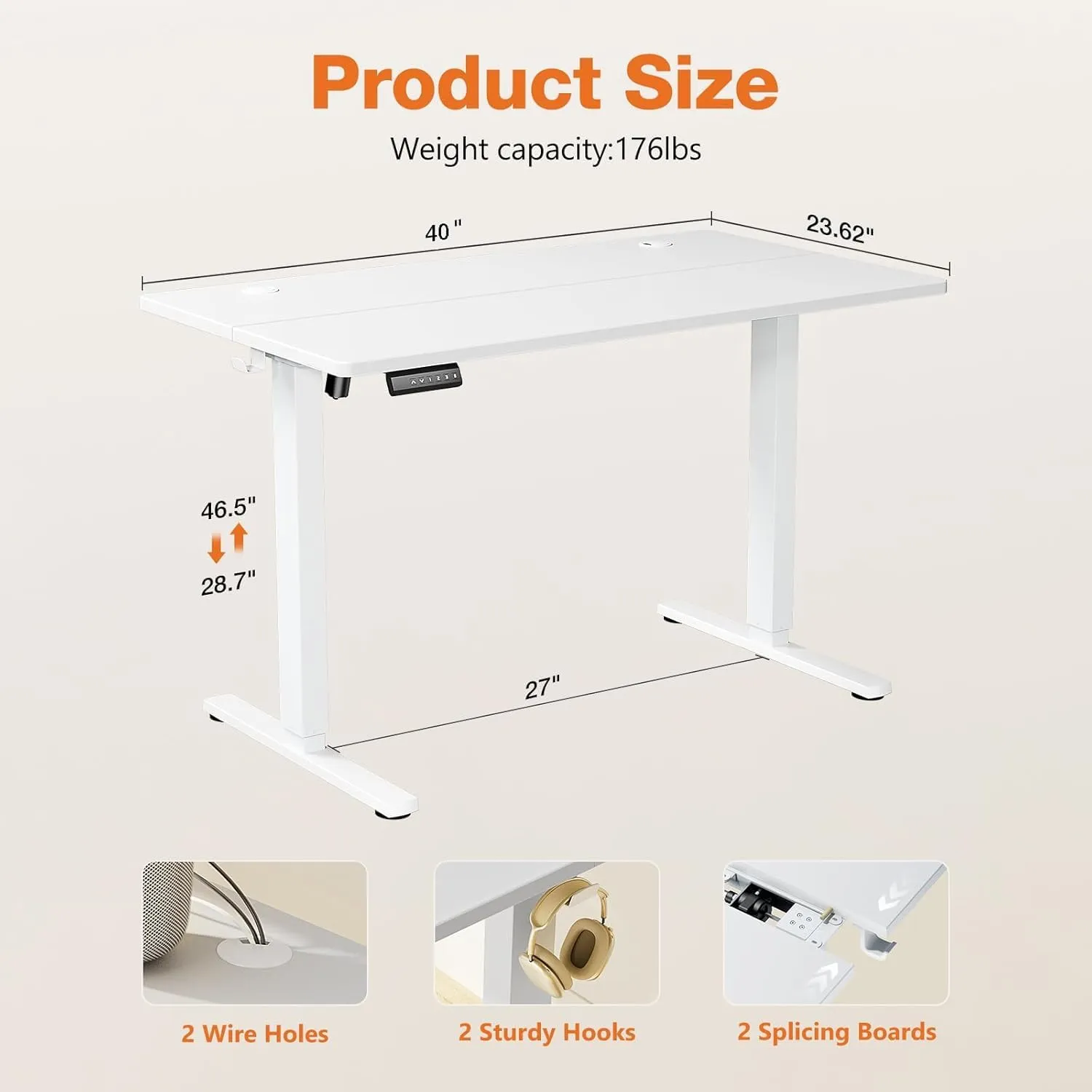 Sweetcrispy Standing Adjustable Height Desk, Electric 40 x 24 Inch Sit to Stand Up Rising Computer Gaming Table with 3 Memory Presets, Splice Board, T-Shaped Bracket Home Office Workstation - White