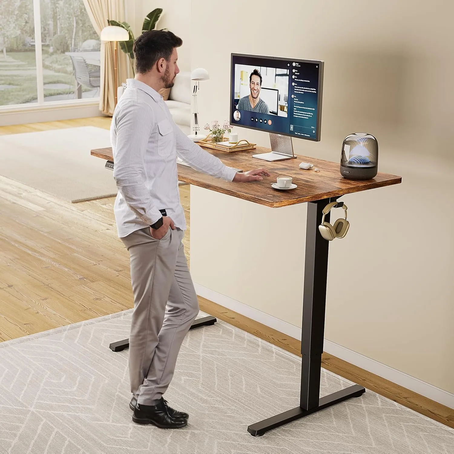 Sweetcrispy Standing Desk Adjustable Height, 63inch Electric Sit Stand up Desk for Home Office, Modern Rising Work Table for Computer Laptop, Lift Gaming Desk Sturdy Ergonomic Workstation, Rust Brown